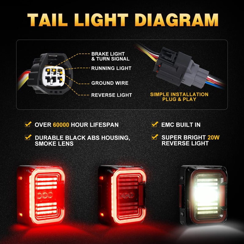 LX-LIGHT DOT Approved Smoke Lens LED Tail Lights with 20W Reverse Lights for 2007-2017 Jeep Wrangler JK&JKU Brake Reverse Light Rear Back Up Lights Daytime Running Lamps,EMC Build-in - Image 4